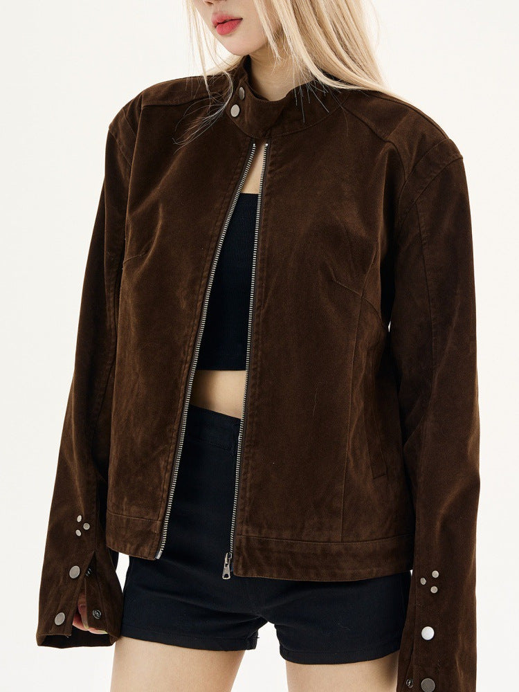 American vintage brown suede Harrington stand-up collar jacket for men and women new Maillard suede couple jacket for autumn