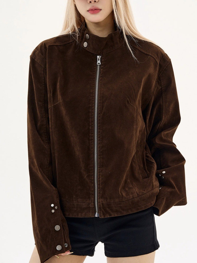 American vintage brown suede Harrington stand-up collar jacket for men and women new Maillard suede couple jacket for autumn