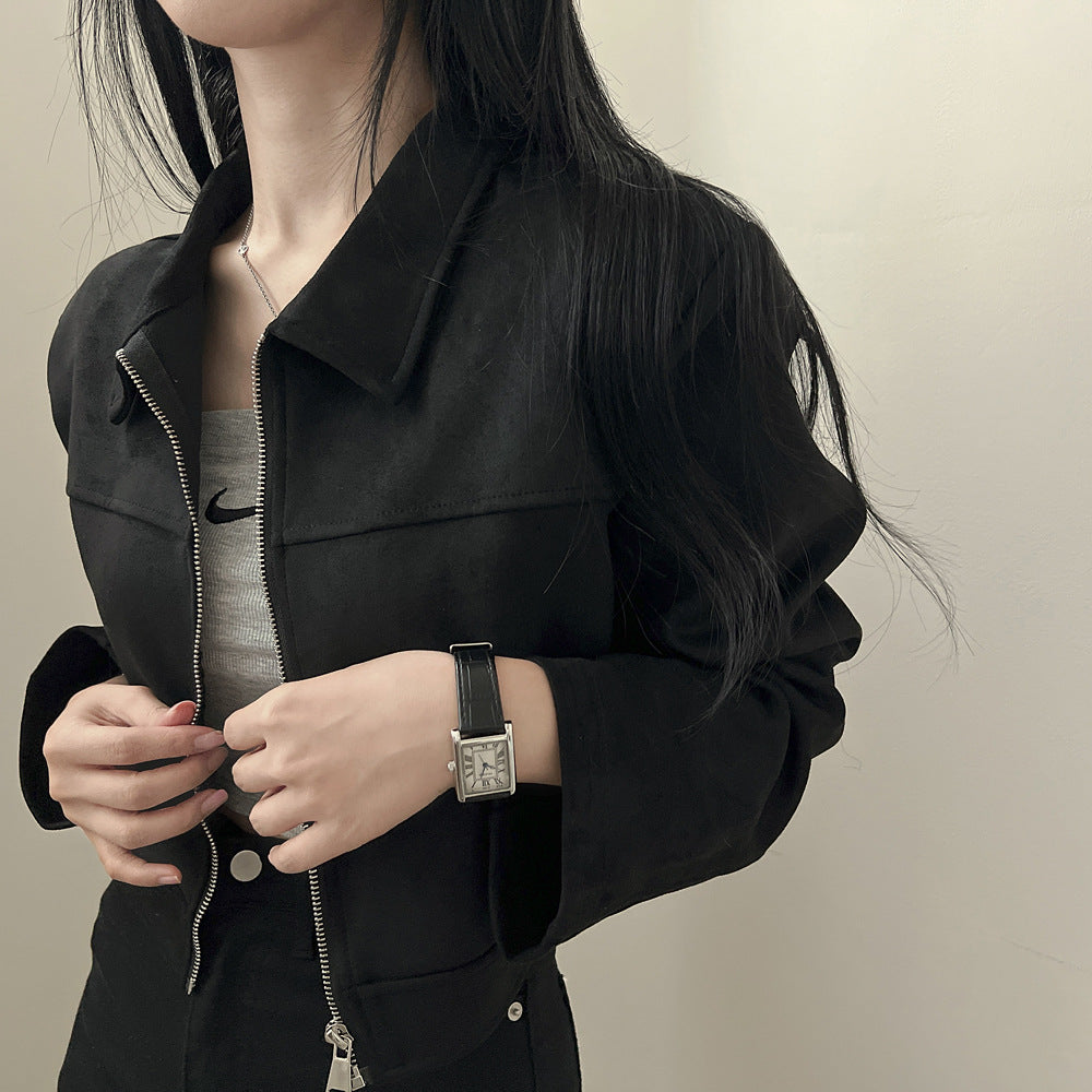 Korean chic autumn retro handsome shoulder jacket women's lapel zipper long sleeve fleece cropped jacket