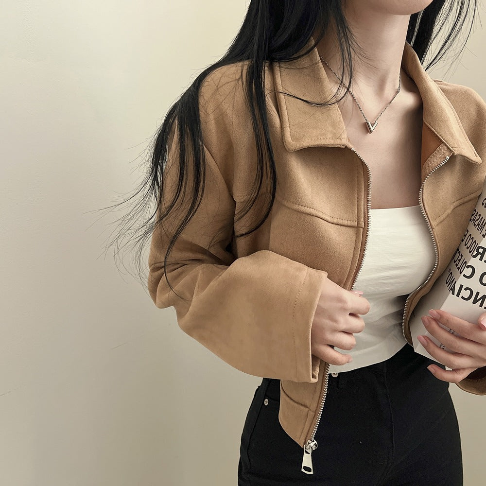 Korean chic autumn retro handsome shoulder jacket women's lapel zipper long sleeve fleece cropped jacket