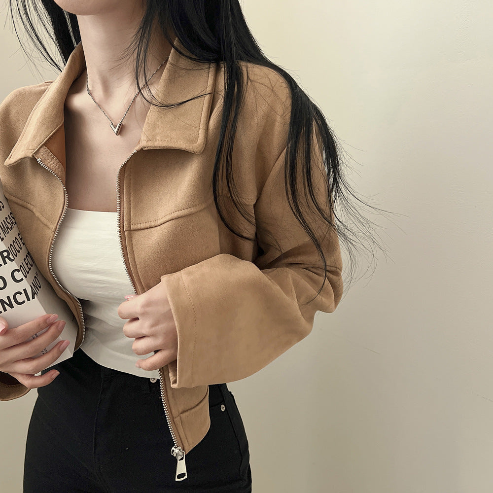 Korean chic autumn retro handsome shoulder jacket women's lapel zipper long sleeve fleece cropped jacket