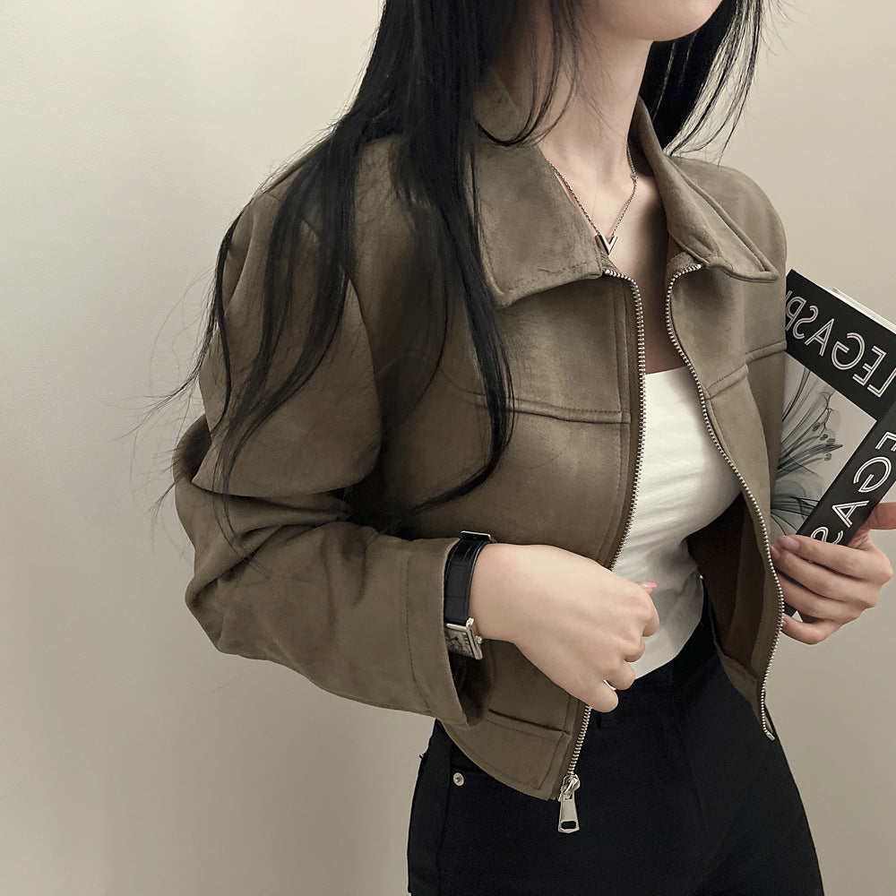 Korean chic autumn retro handsome shoulder jacket women's lapel zipper long sleeve fleece cropped jacket