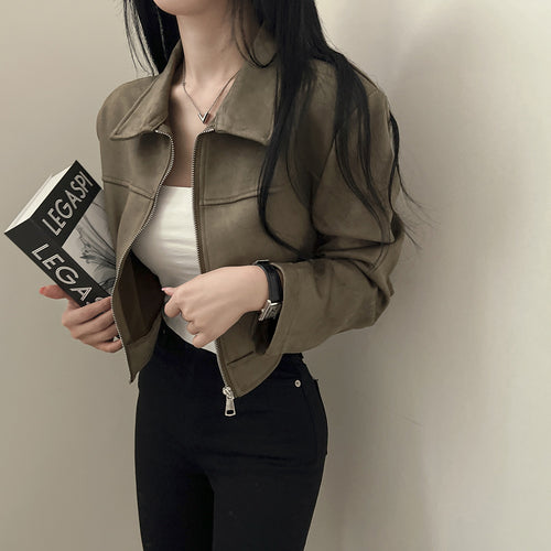 Korean chic autumn retro handsome shoulder jacket women's lapel zipper long sleeve fleece cropped jacket
