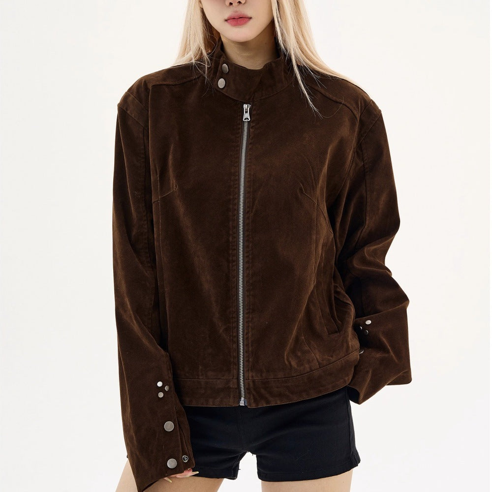 American vintage brown suede Harrington stand-up collar jacket for men and women new Maillard suede couple jacket for autumn