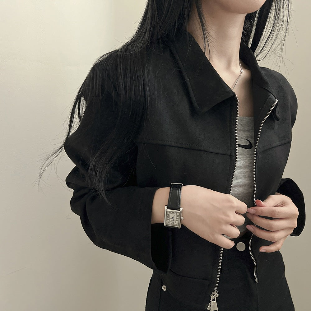 Korean chic autumn retro handsome shoulder jacket women's lapel zipper long sleeve fleece cropped jacket