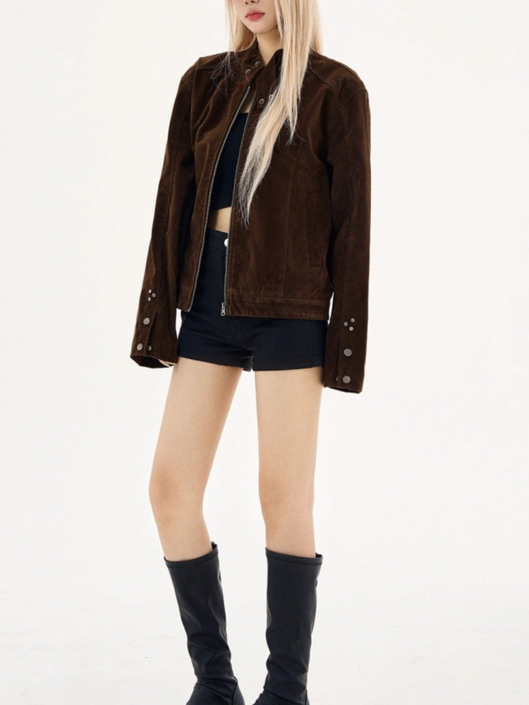American vintage brown suede Harrington stand-up collar jacket for men and women new Maillard suede couple jacket for autumn