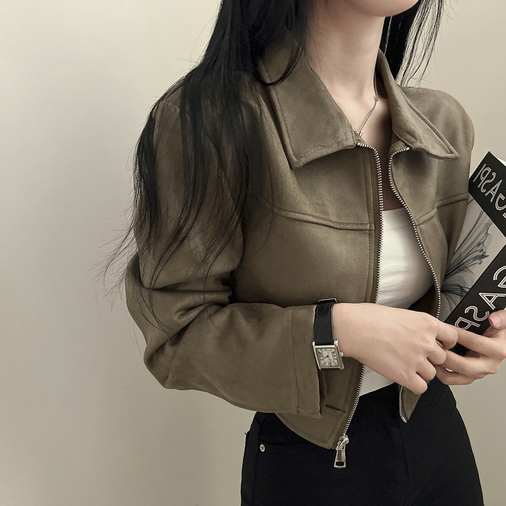 Korean chic autumn retro handsome shoulder jacket women's lapel zipper long sleeve fleece cropped jacket